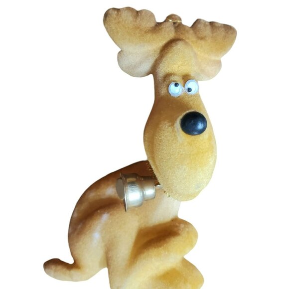 2 Vintage Flocked Moose Christmas Ornaments Reindeer Google Eyes Gold Bell 4.5" - Picture 10 of 16